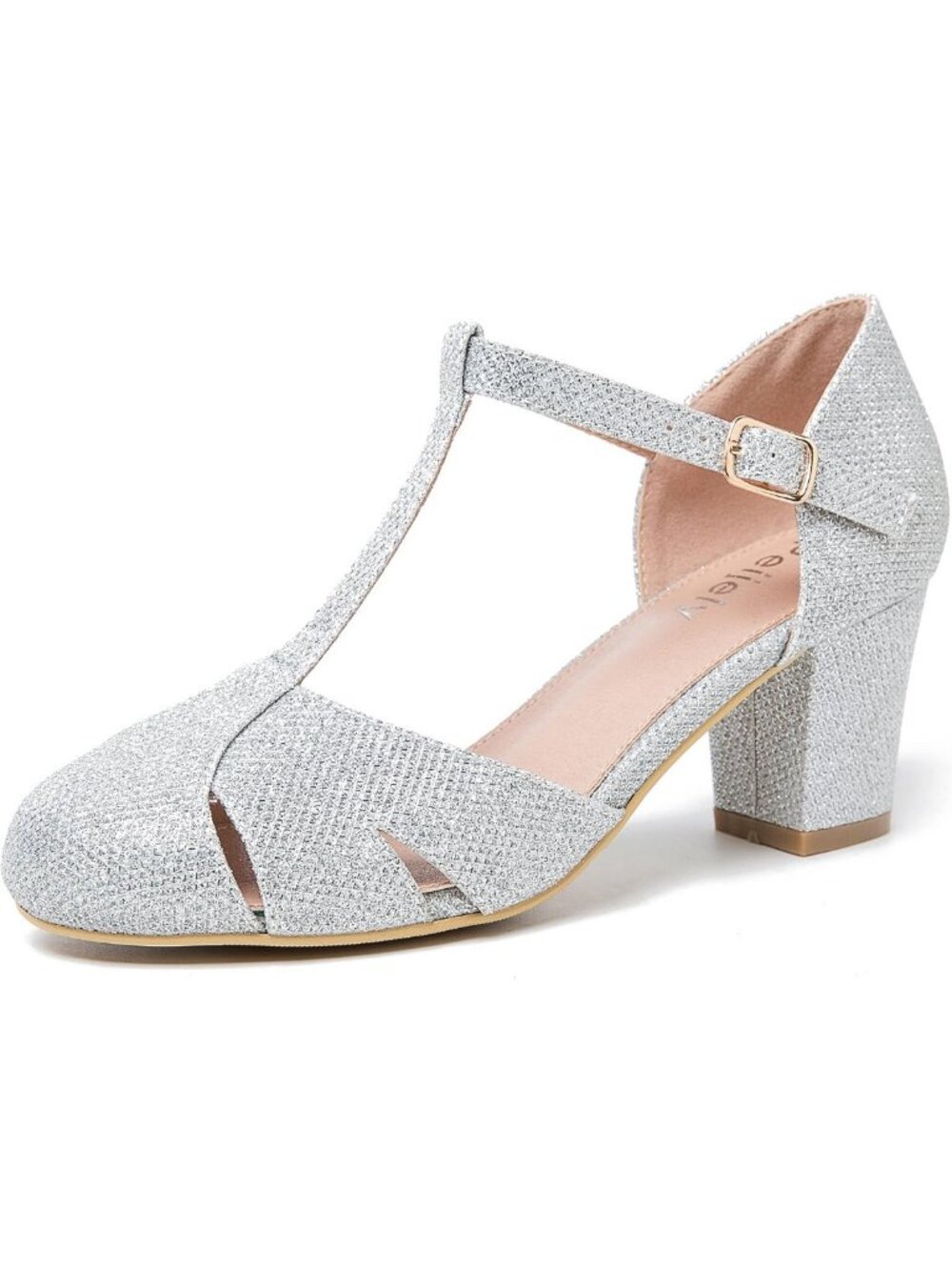Stylish T-Strap Block Heel Pumps with Ankle Buckle, Cut Out Round Toe Dress
